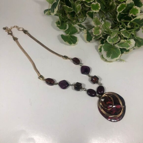 Burgundy Gold Tone Pendant Necklace Purple Glass Beads Boho Statement 22 inch - Picture 6 of 7